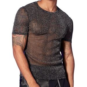 Floerns Men's Sheer Mesh Short Sleeve Glitter Crew Neck Club Tee Shirt Top